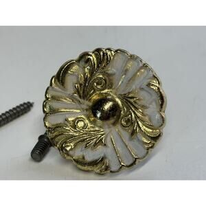 VINTAGE Floral White and Gold Tone Round Drawer Door Pull Handle Knob 1.5”